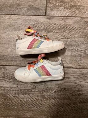 Kids White Sneakers with Glitter Rainbow Stripes and Multicolor Laces